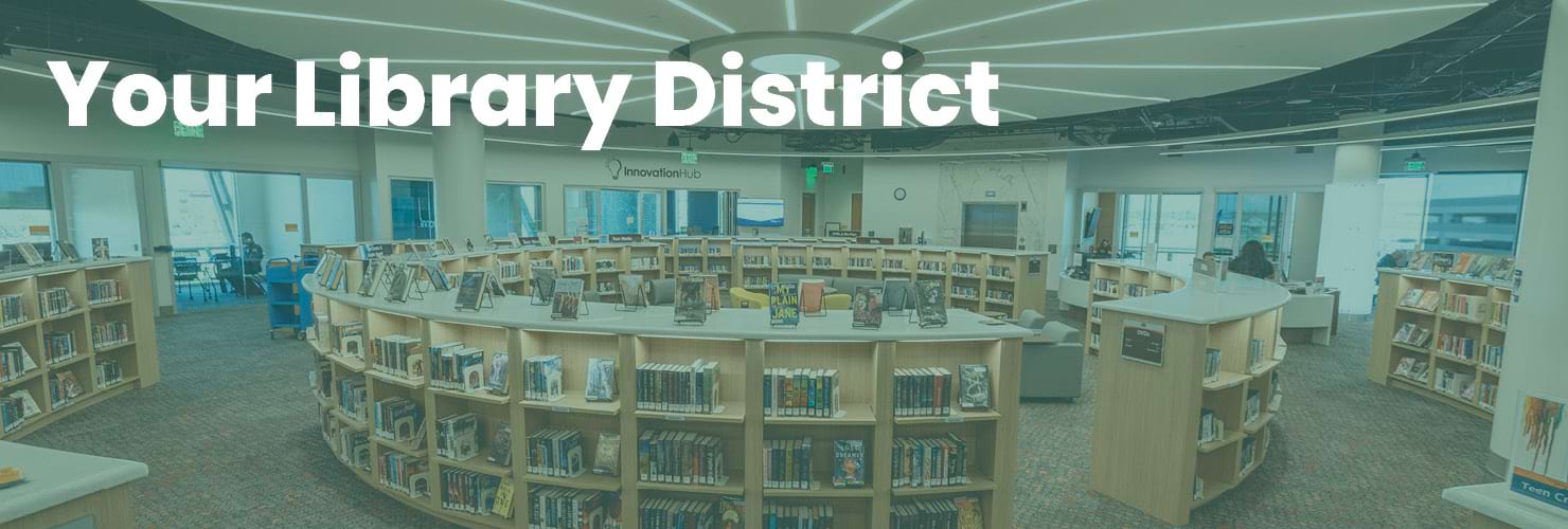 Bookcases arranged in a circle with a turquoise tint and the text "Your Library District" across the top.